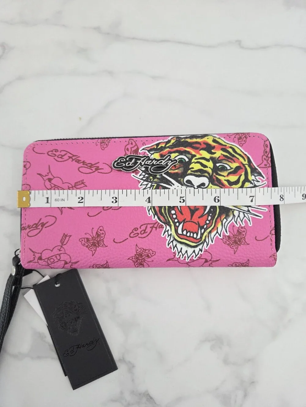 Ed Hardy Tiger Tattoo Pink Vegan Leather Zip Around Wristlet Wallet NWT